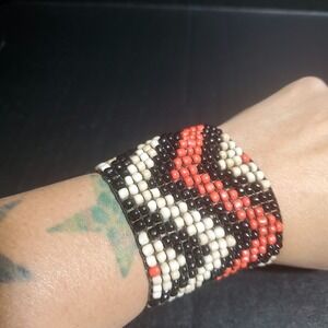 Glass Seed Bead Chevron Beaded Bracelet Wrist Band - Red Ivory Black Tribal